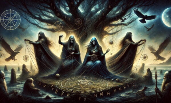 DALL·E 2024-07-26 17.37.33 - Dramatic banner artwork depicting The Fate of Norns from Viking mythology, incorporating elements from the Icelandic sagas. Three mysterious female fi copy